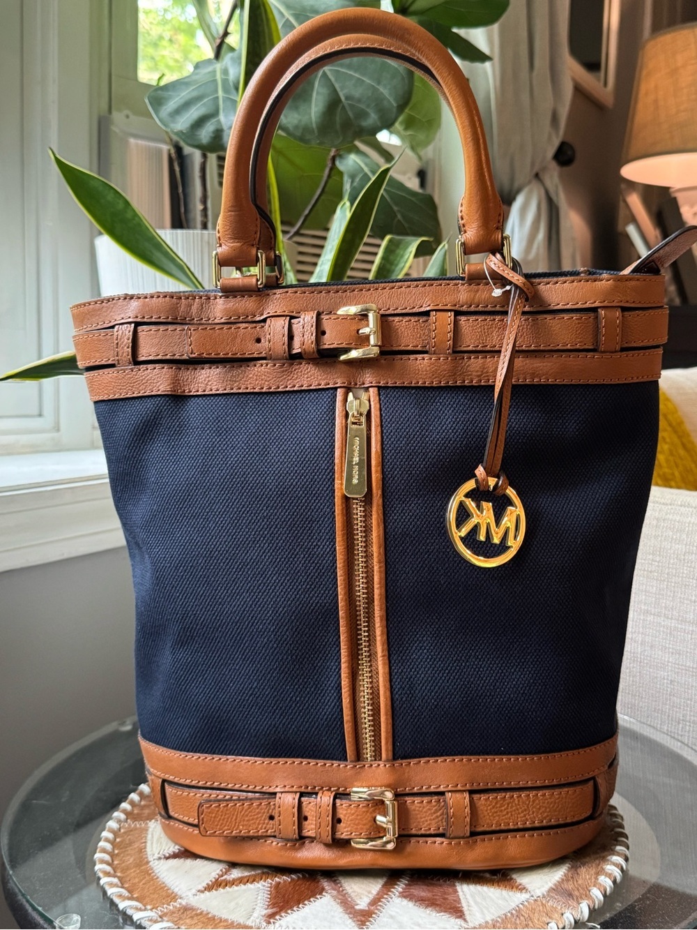 Michael Kors Kingsbury Navy Canvas Bucket Tote with Leather Trim